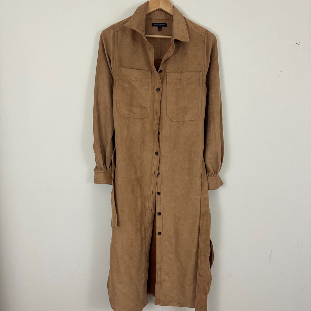 Banana Republic Faux Suede Shirt Dress Brown Belted Waist Duel Pockets Womens XS